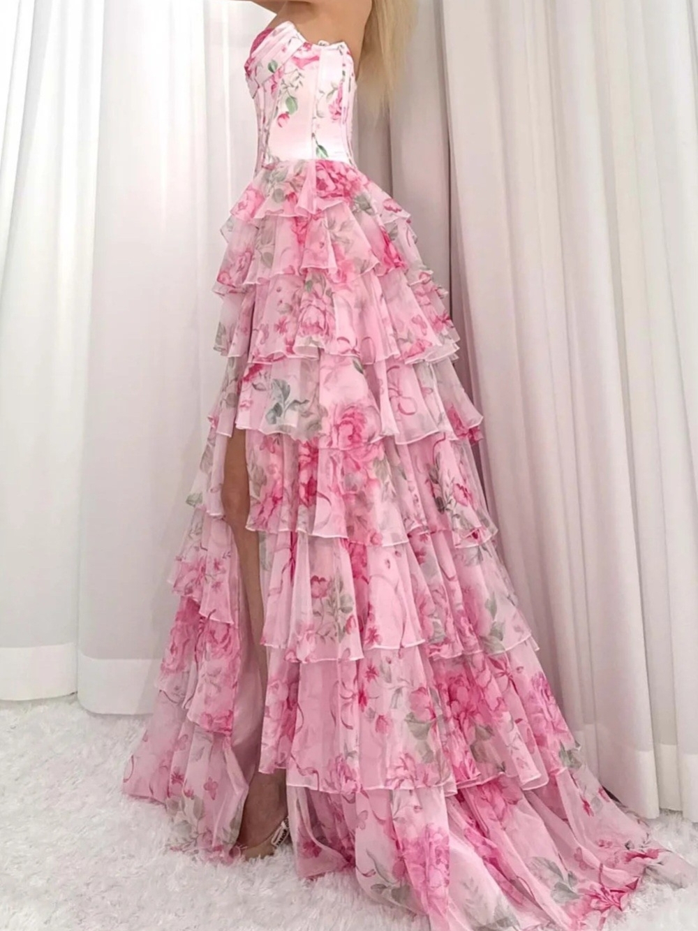 Strapless Pink Floral Tiered Ruffle Gown - Picture 4 of 11